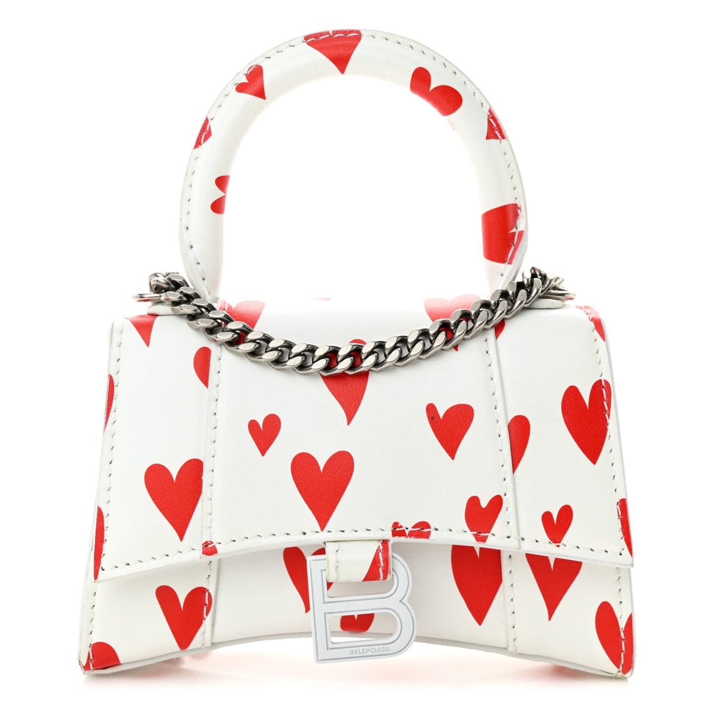 Smooth Calfskin Heart Hourglass Top Handle Bag Mini with Chain White Red