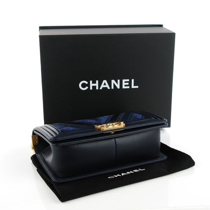 Chanel Calfskin Caviar Suede Chevron Medium Boy Flap Navy 3 of 8