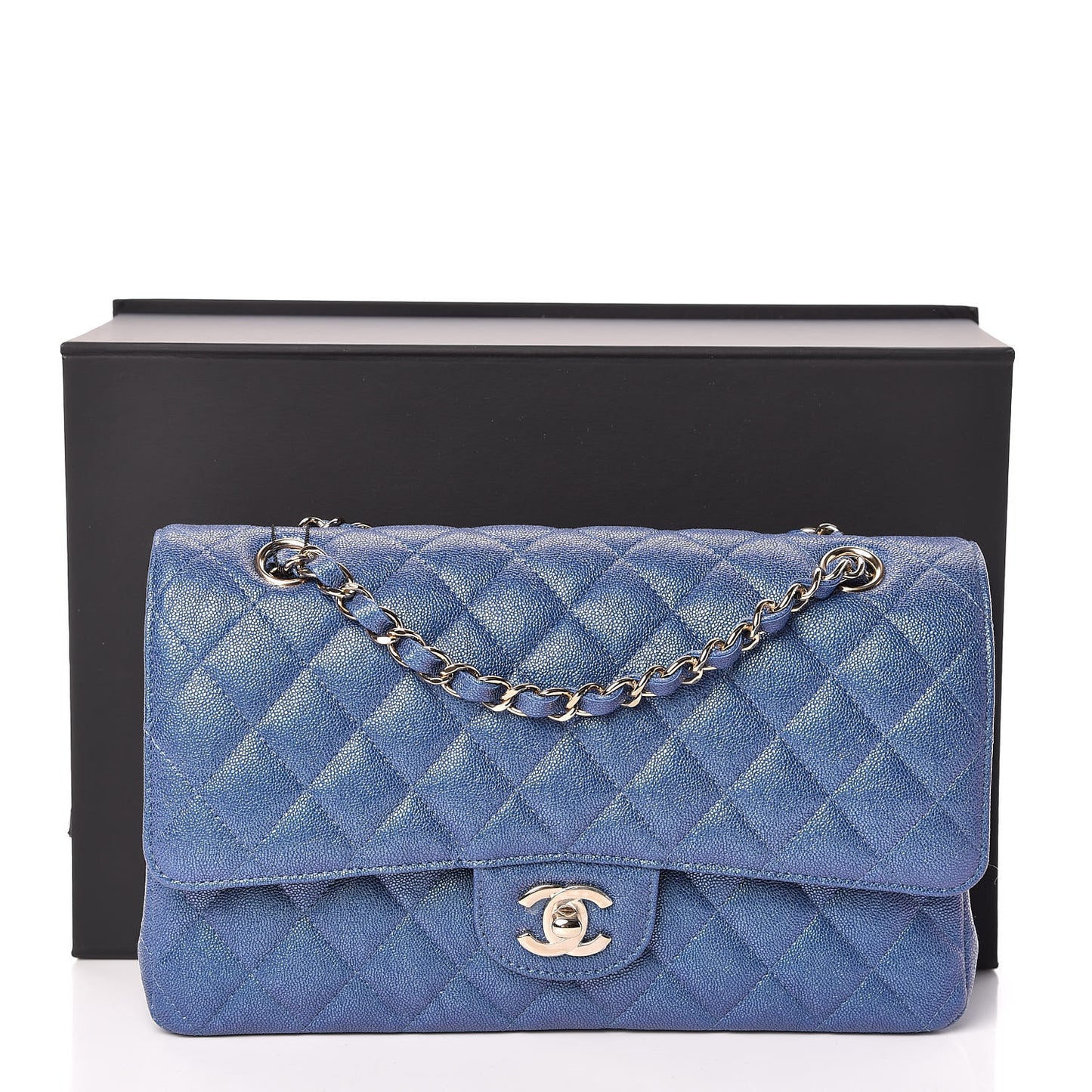 Iridescent Caviar Quilted Medium Double Flap Dark Blue