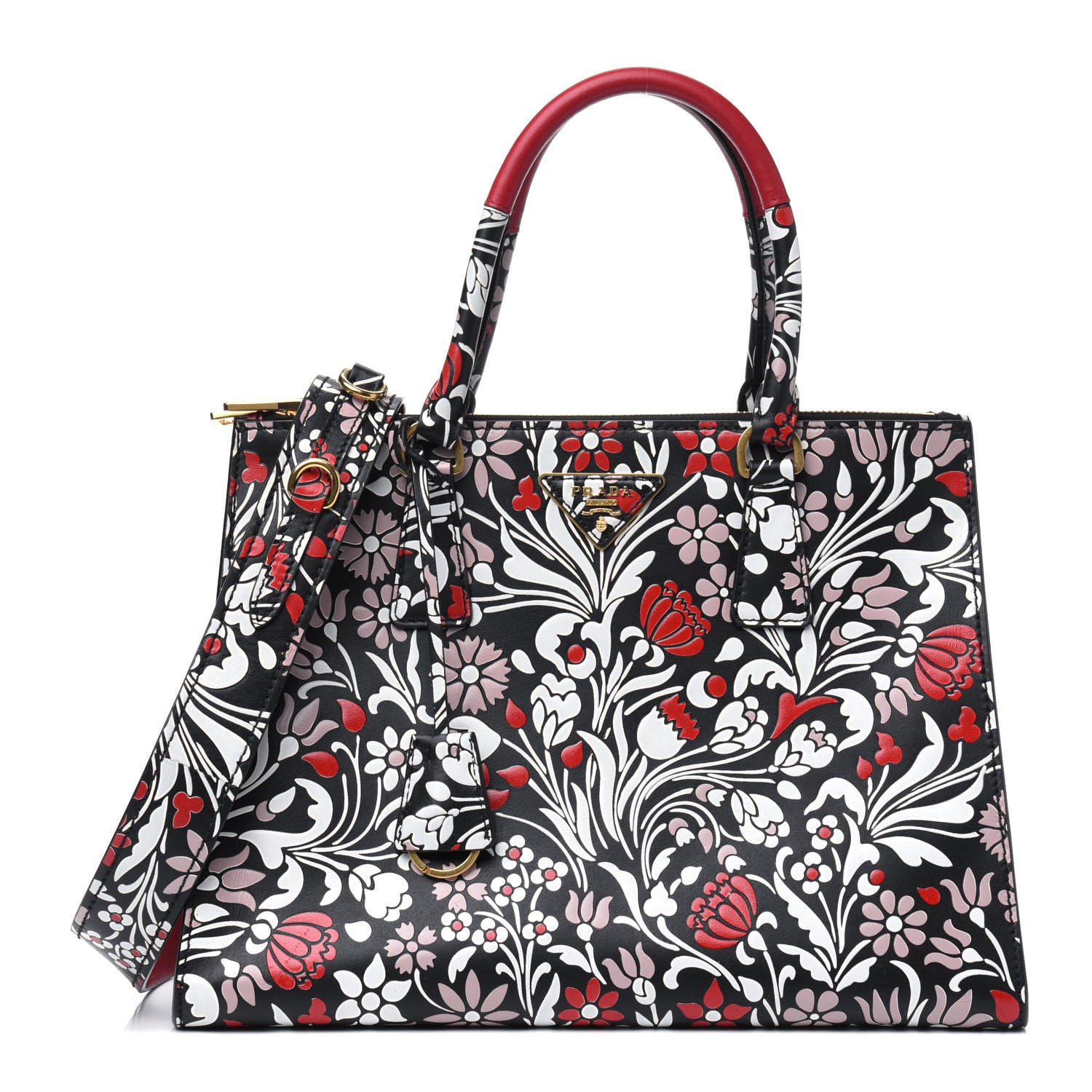 Prada Calfskin Floreale Medium Galleria Double Zip Tote Black Fuoco 1 of 4