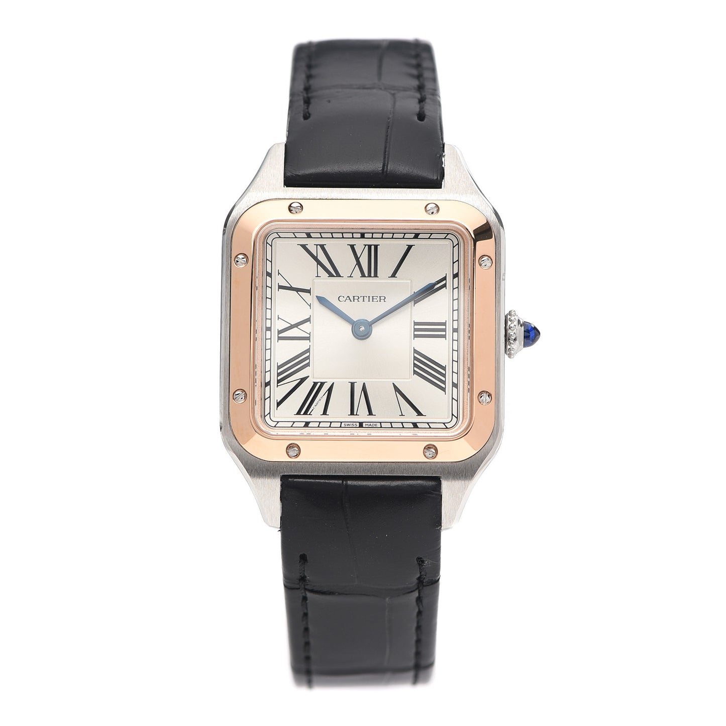 Stainless Steel 18K Pink Gold Alligator 27.5mm Santos Dumont Quartz Watch