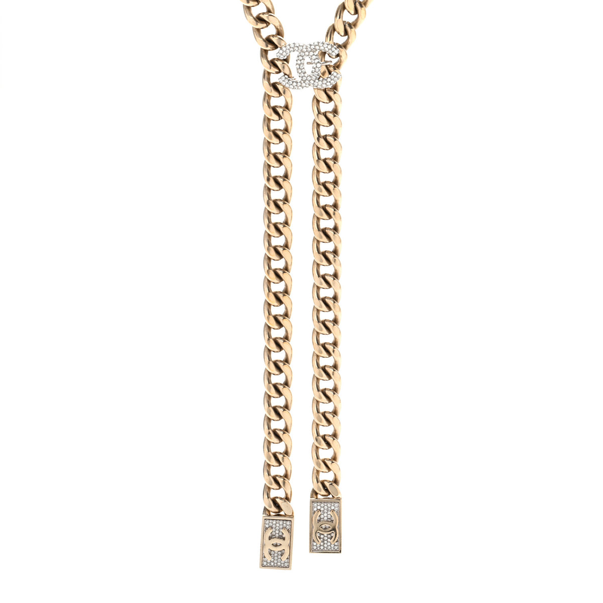 Chanel Chain Link Crystal CC Dog Tag Charm Necklace Gold 1 of 7