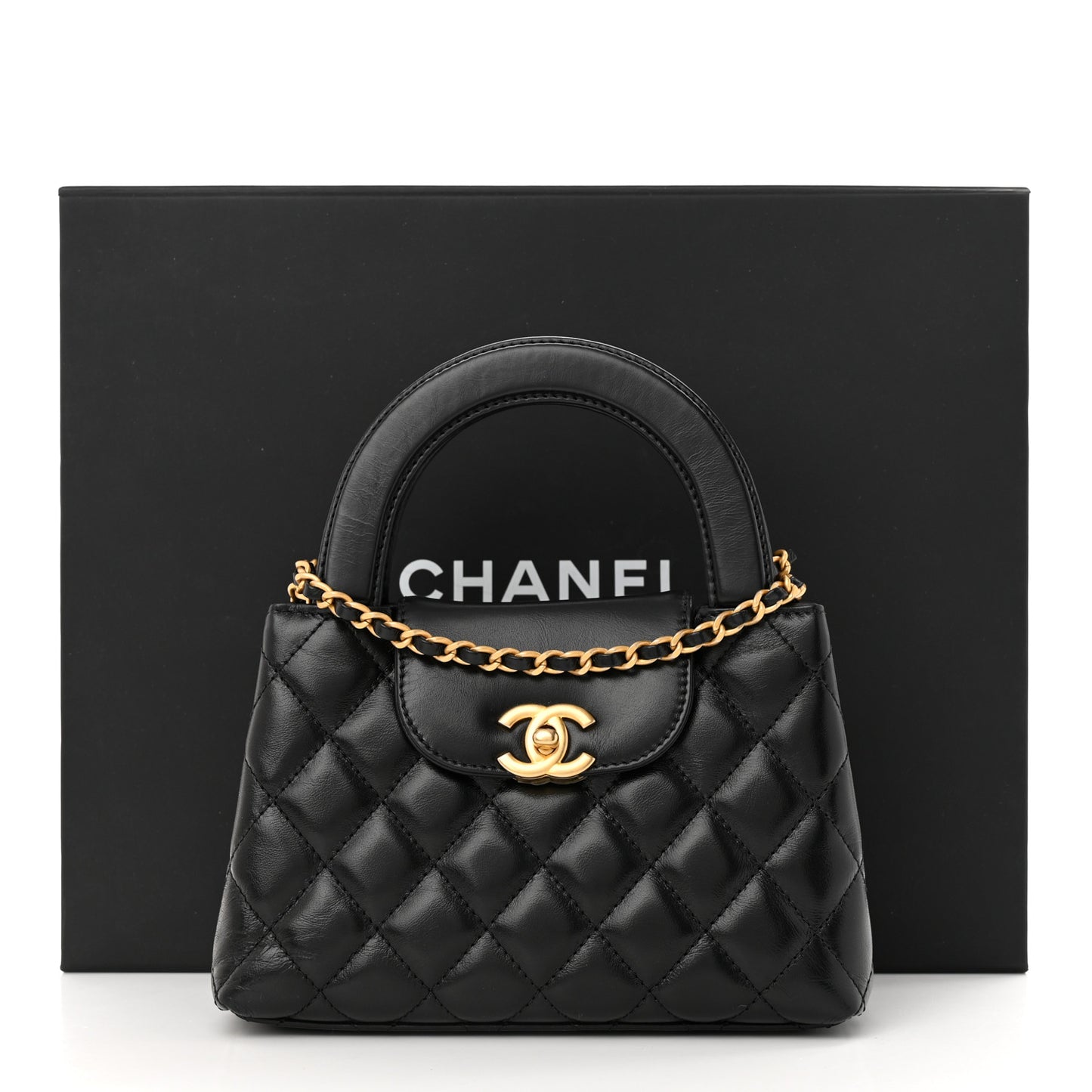 Shiny Aged Calfskin Quilted Nano Kelly Shopper Black