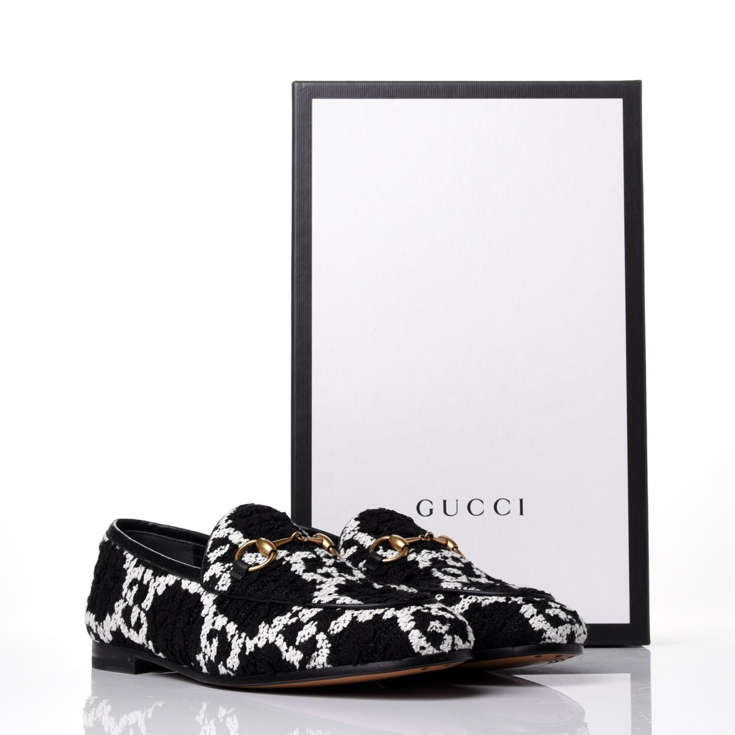 Gucci Tweed GG Monogram Horsebit Womens Jordaan Loafers 35.5 Black Natural 11 of 11