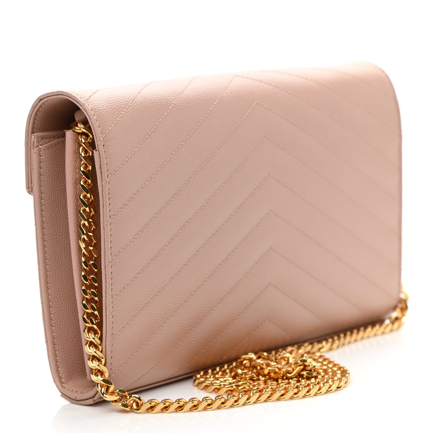 Saint Laurent Grain De Poudre Matelasse Chevron Monogram Chain Wallet Pale Pink 2 of 8