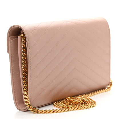 Saint Laurent Grain De Poudre Matelasse Chevron Monogram Chain Wallet Pale Pink 2 of 8