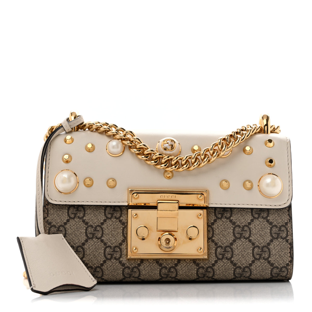 GG Supreme Monogram Studded Small Padlock Shoulder Bag White