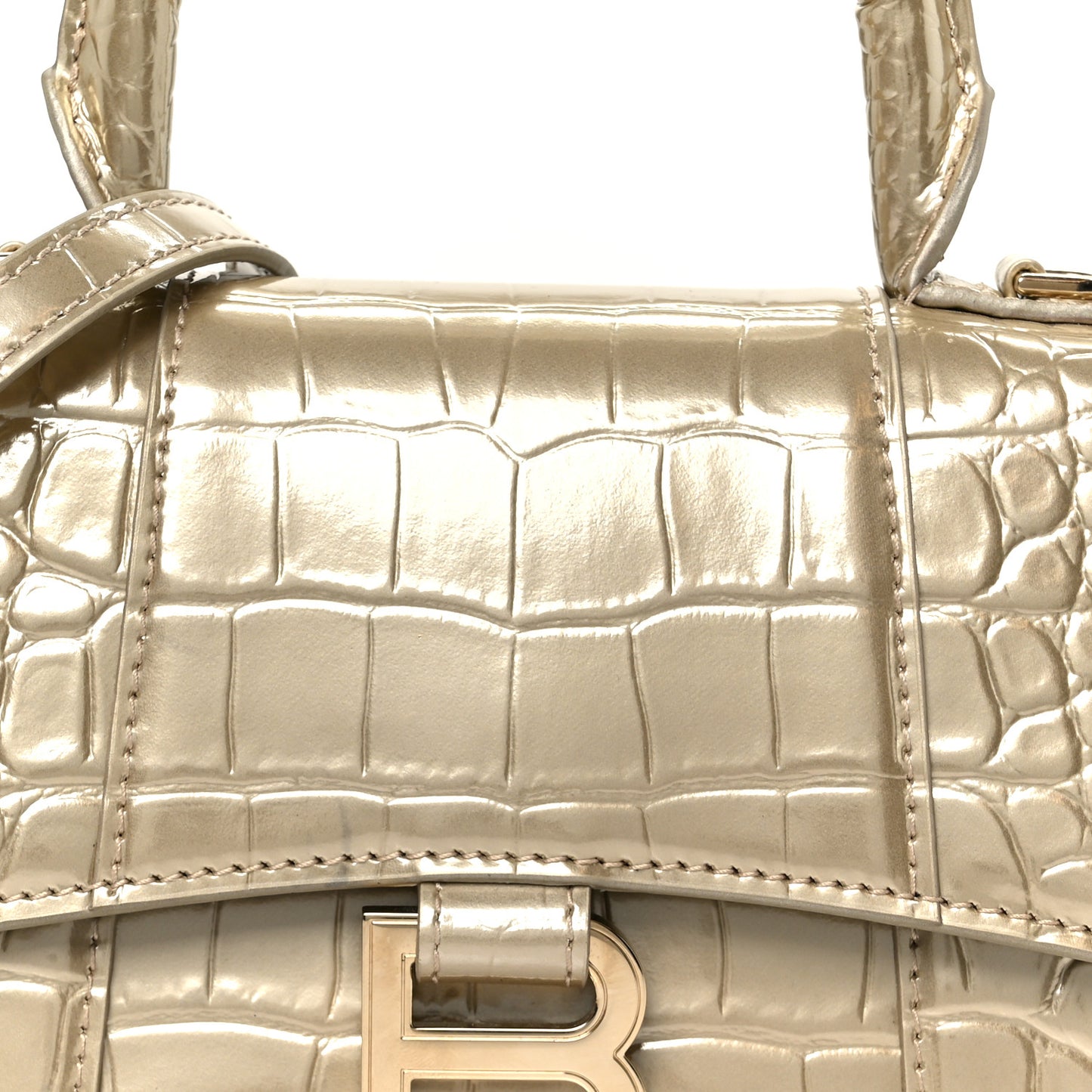 Metallic Calfskin Crocodile Embossed Hourglass Top Handle Bag XS Light Gold