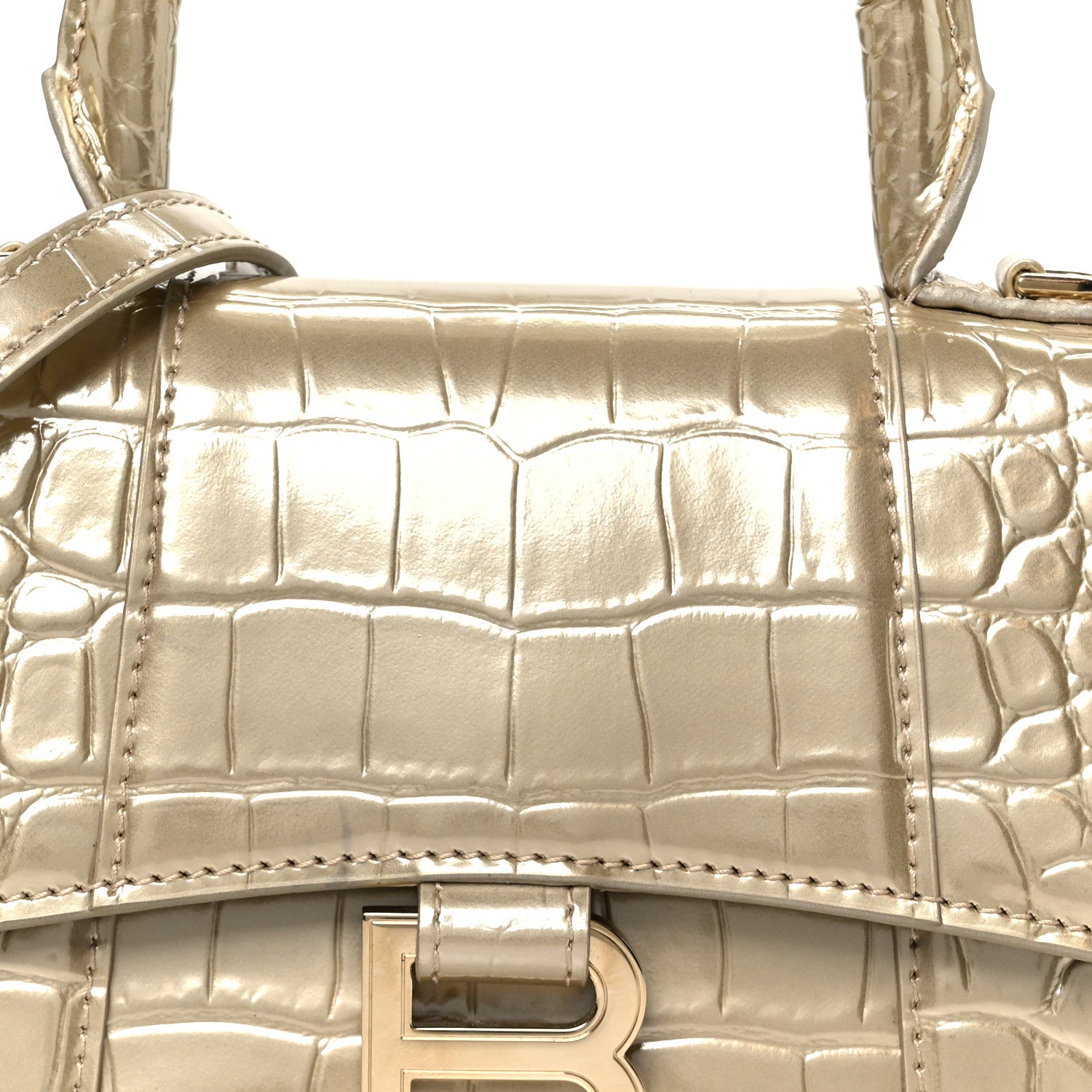 Balenciaga Metallic Calfskin Crocodile Embossed Hourglass Top Handle Bag XS Light Gold 9 of 11
