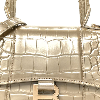 Balenciaga Metallic Calfskin Crocodile Embossed Hourglass Top Handle Bag XS Light Gold 9 of 11