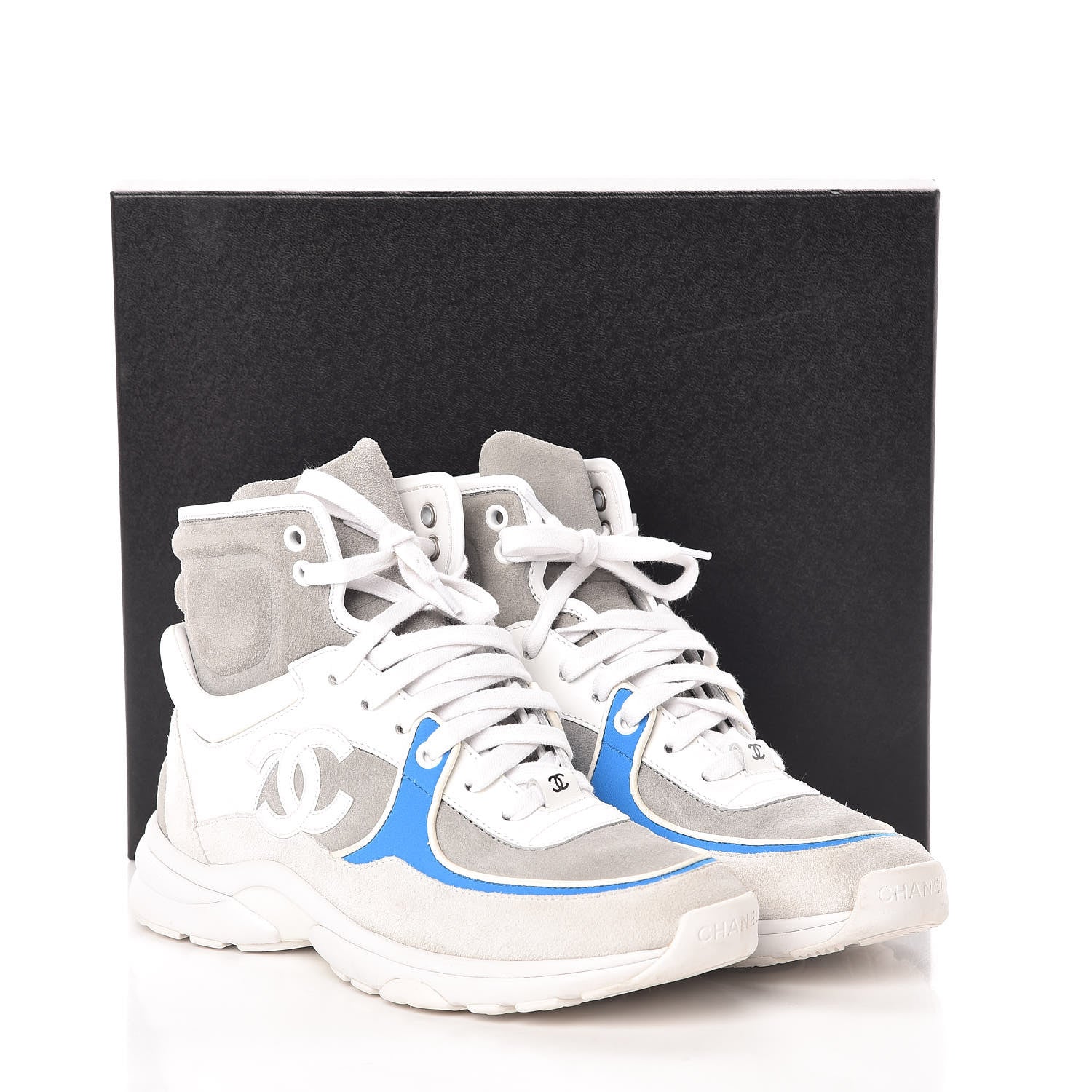 Chanel Suede Calfskin Lambskin High Top CC Sneakers 38 White Grey Fluo Blue 8 of 8
