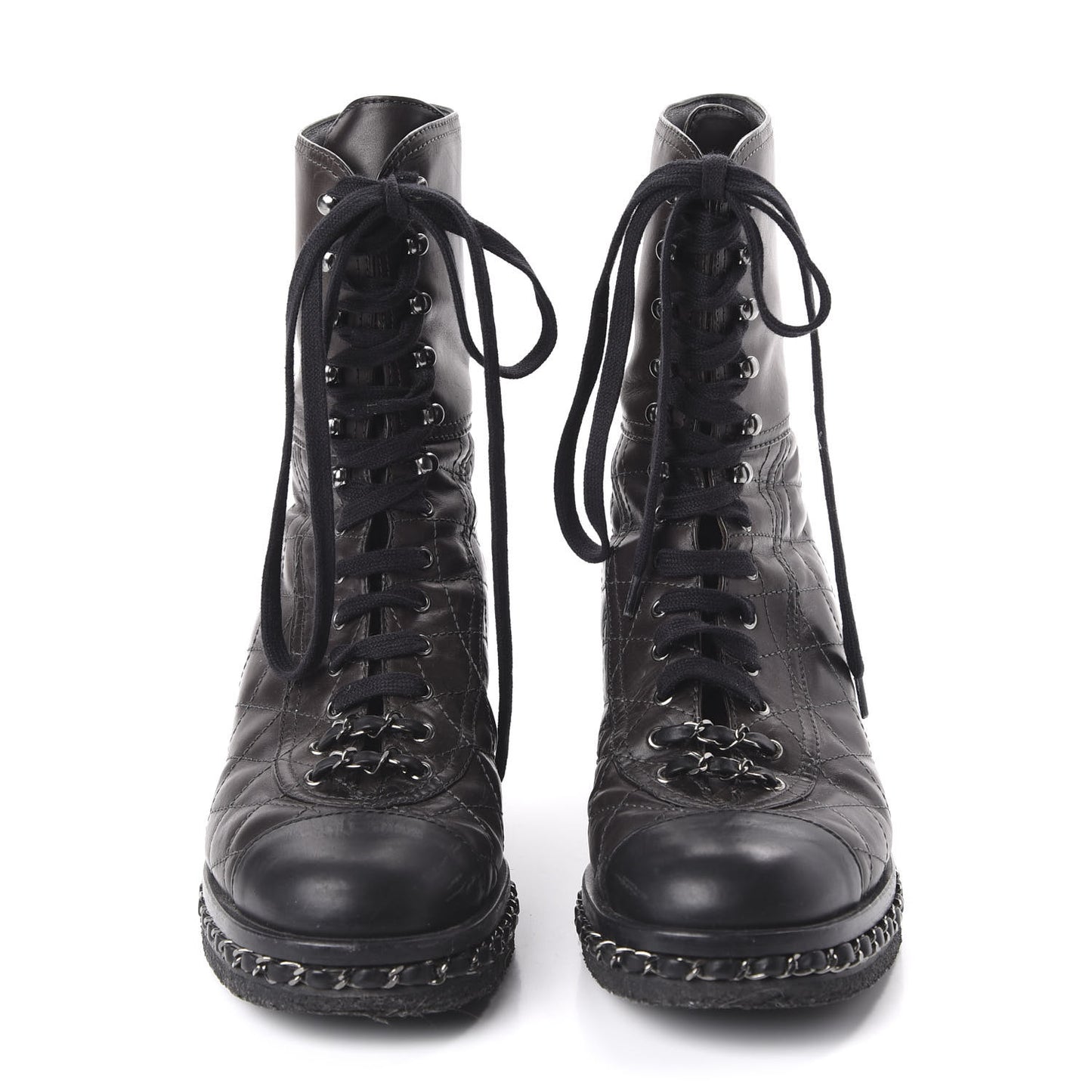 Calfskin Quilted Chain Around Combat Boots 39 Black