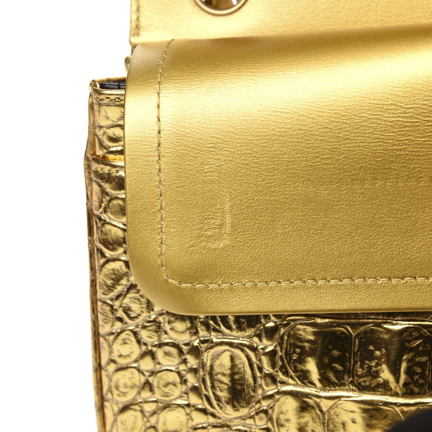 Metallic Calfskin Crocodile Embossed Cocodile Small Double Flap Gold Gold