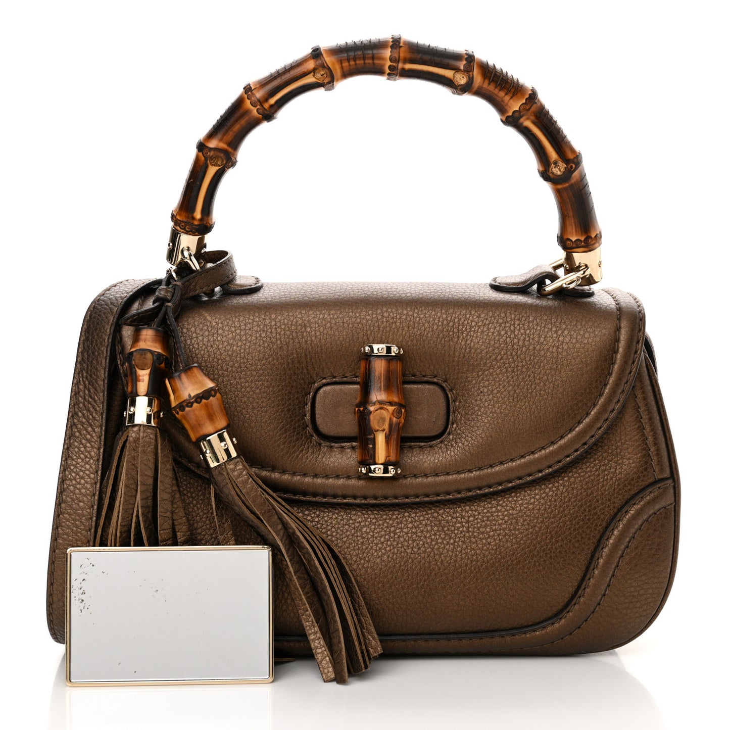Metallic Calfskin Medium New Bamboo Top Handle Bag Bronze