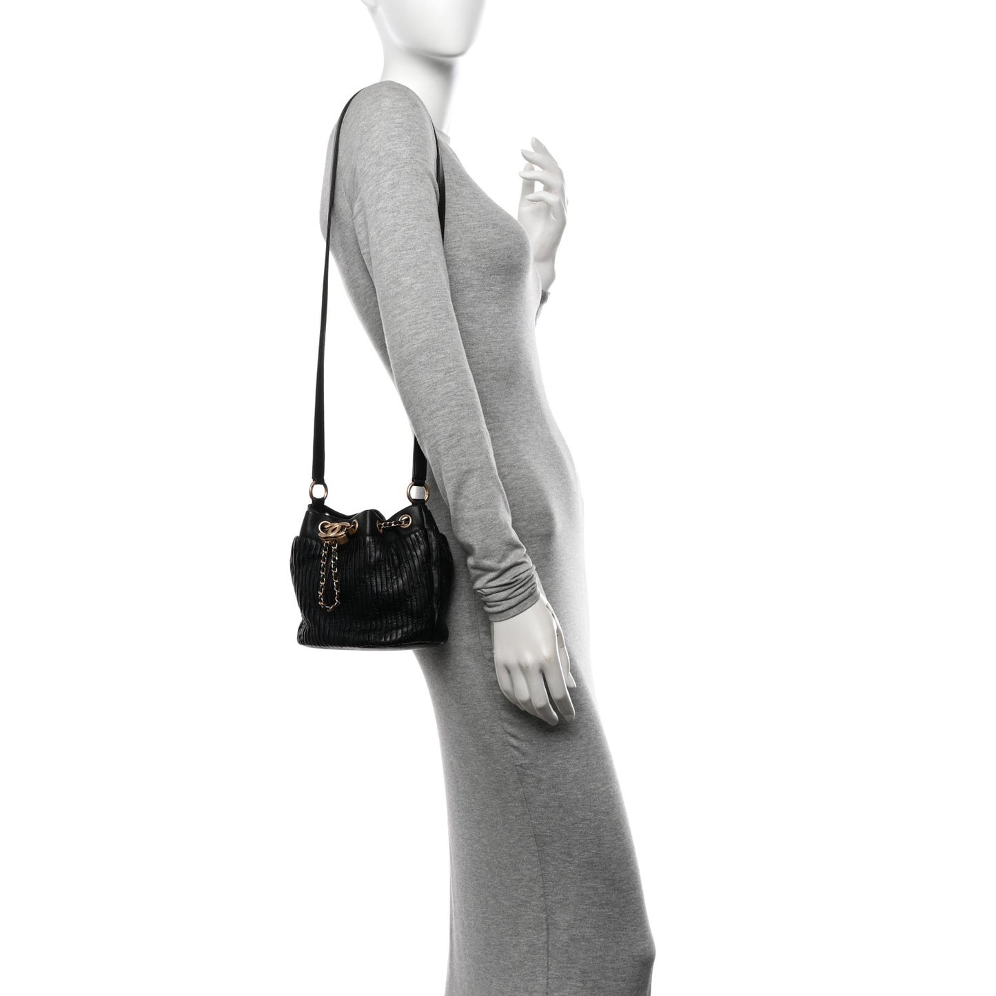 Iridescent Crumpled Calfskin Coco Pleats Small Drawstring Bag Black