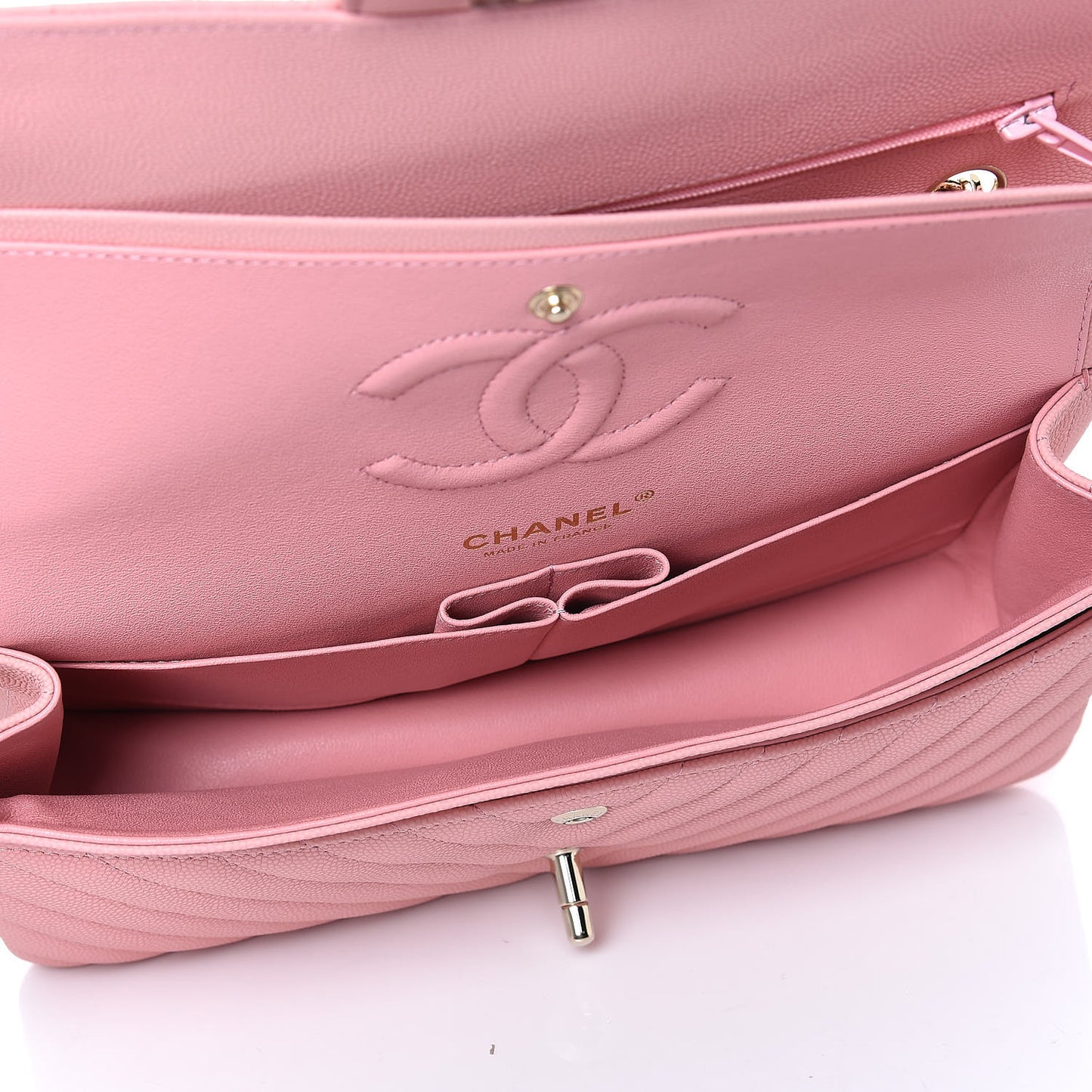 Caviar Chevron Quilted Medium Double Flap Pink