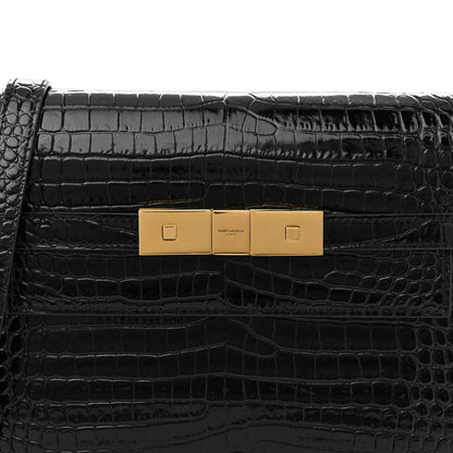 Saint Laurent Shiny Calfskin Crocodile Embossed Small Manhattan Baguette Black 8 of 11