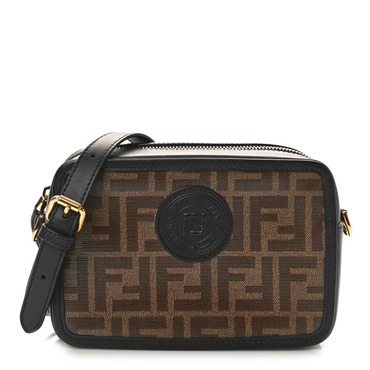 Fendi Glazed Fabric Vitello Century FF 1974 Stamp Patch Mini Camera Case Mogano Panna Black 1 of 8