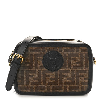 Fendi Glazed Fabric Vitello Century FF 1974 Stamp Patch Mini Camera Case Mogano Panna Black 1 of 8
