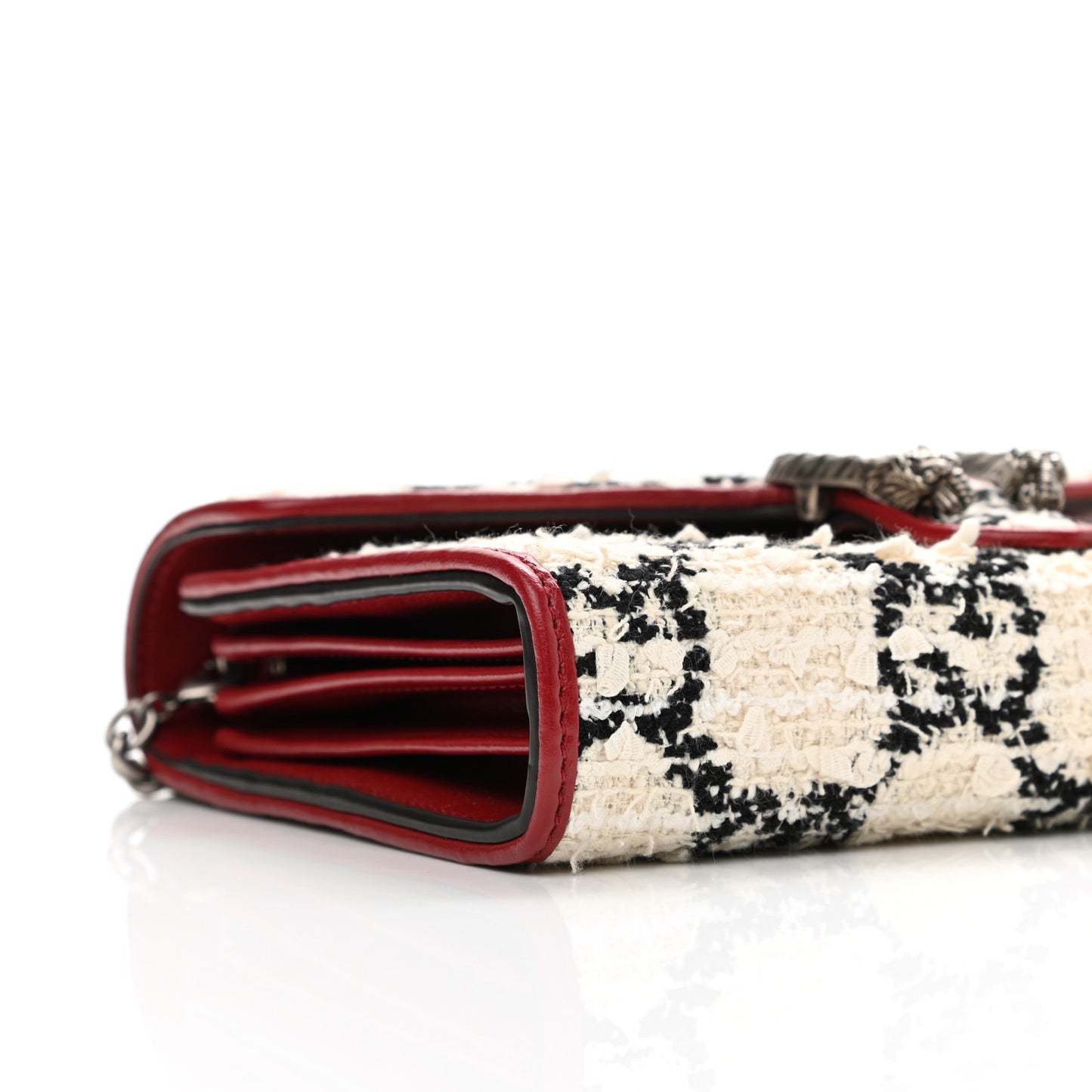 Tweed GG Monogram Mini Dionysus Chain Wallet White Black Romantic Cherry