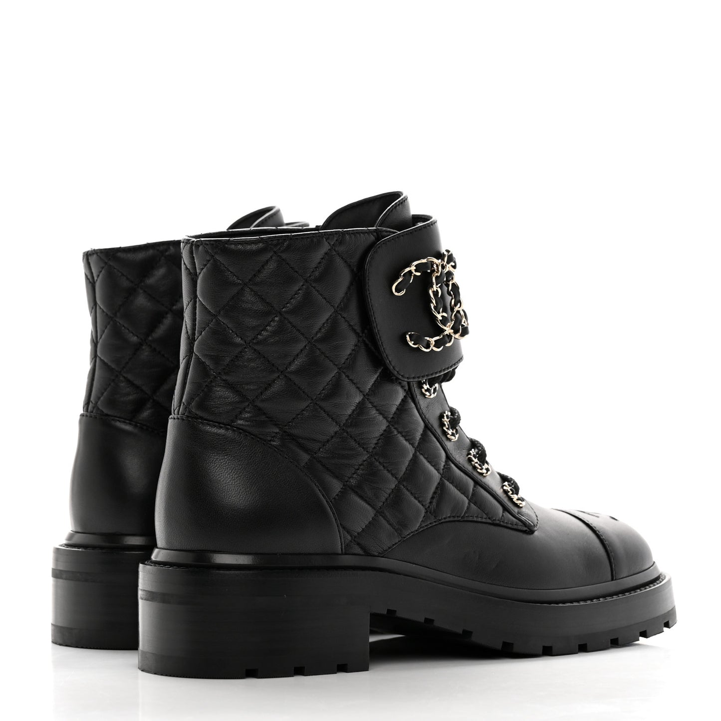 Shiny Goatskin Calfskin Quilted Lace Up Combat Boots 37.5 Black