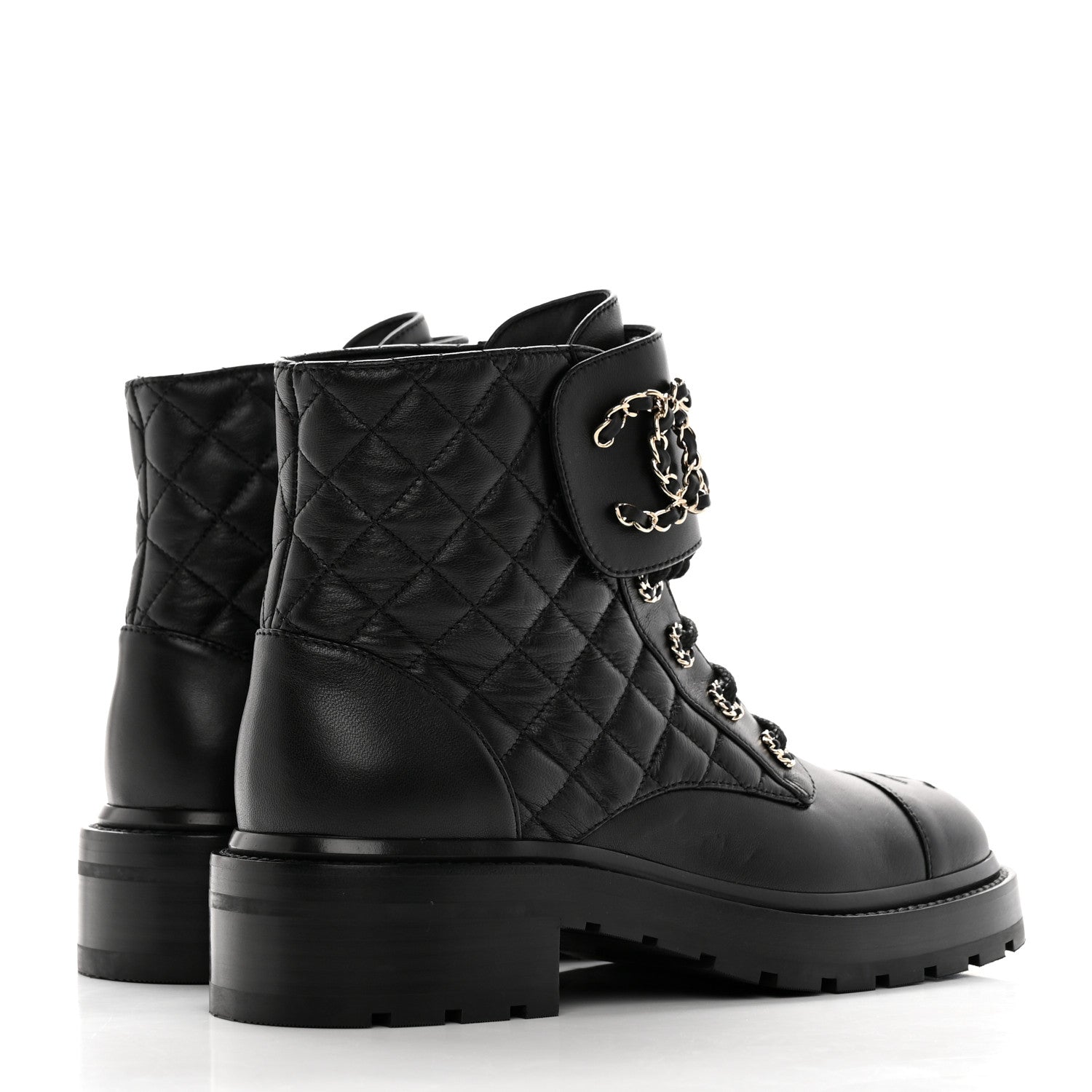 Chanel Shiny Goatskin Calfskin Quilted Lace Up Combat Boots 37.5 Black 4 of 13