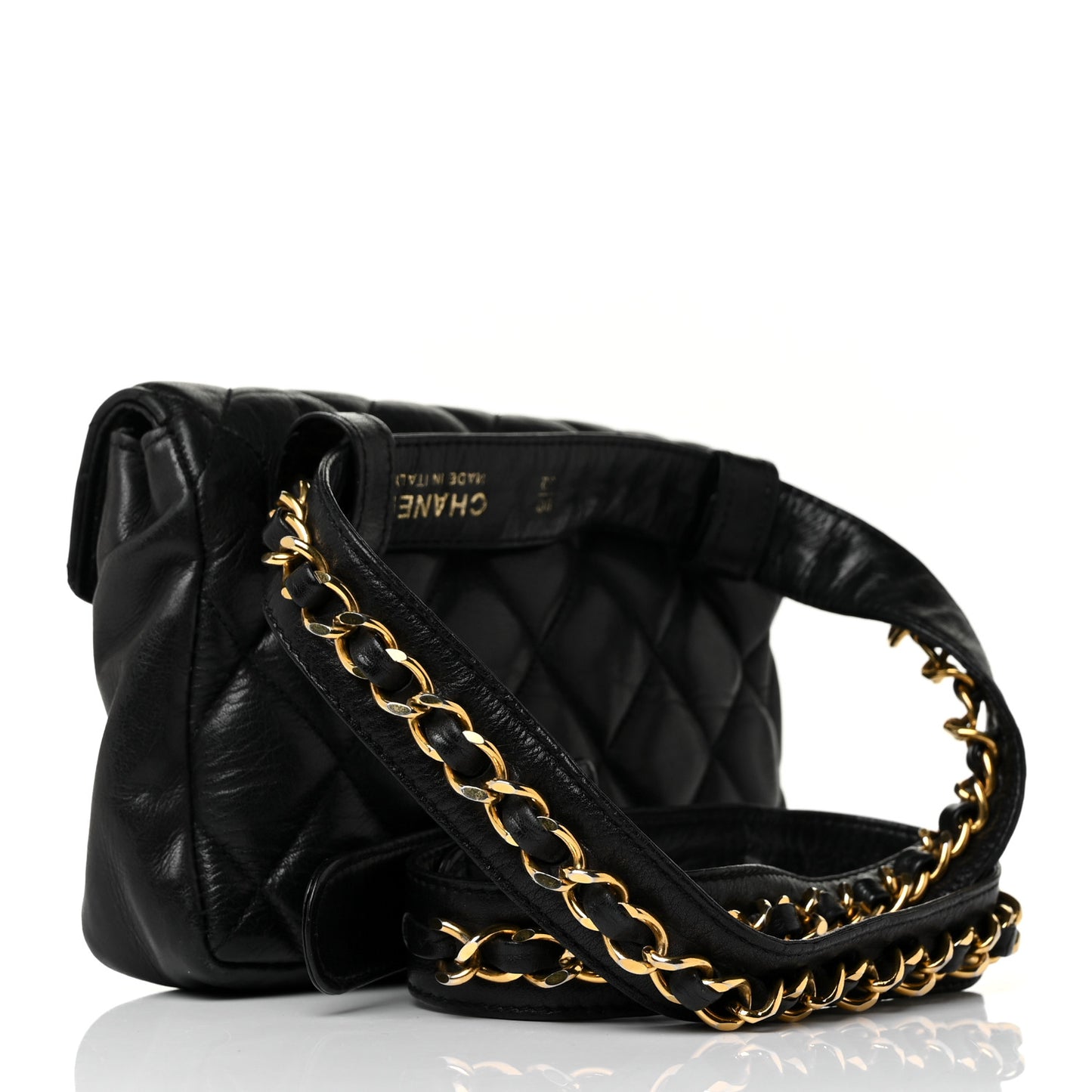 Lambskin Quilted Flap Waist Belt Bag Black