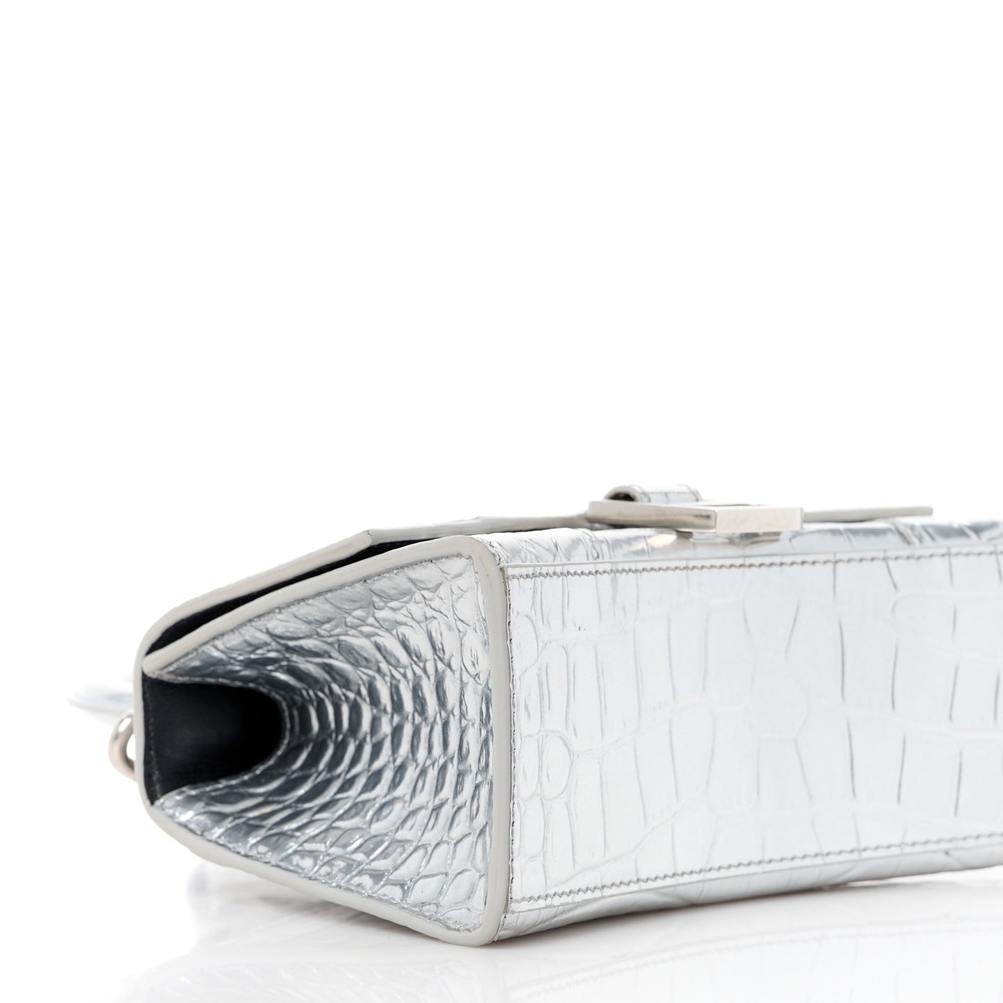 Metallic Calfskin Crocodile Embossed Hourglass Top Handle Bag XS Silver