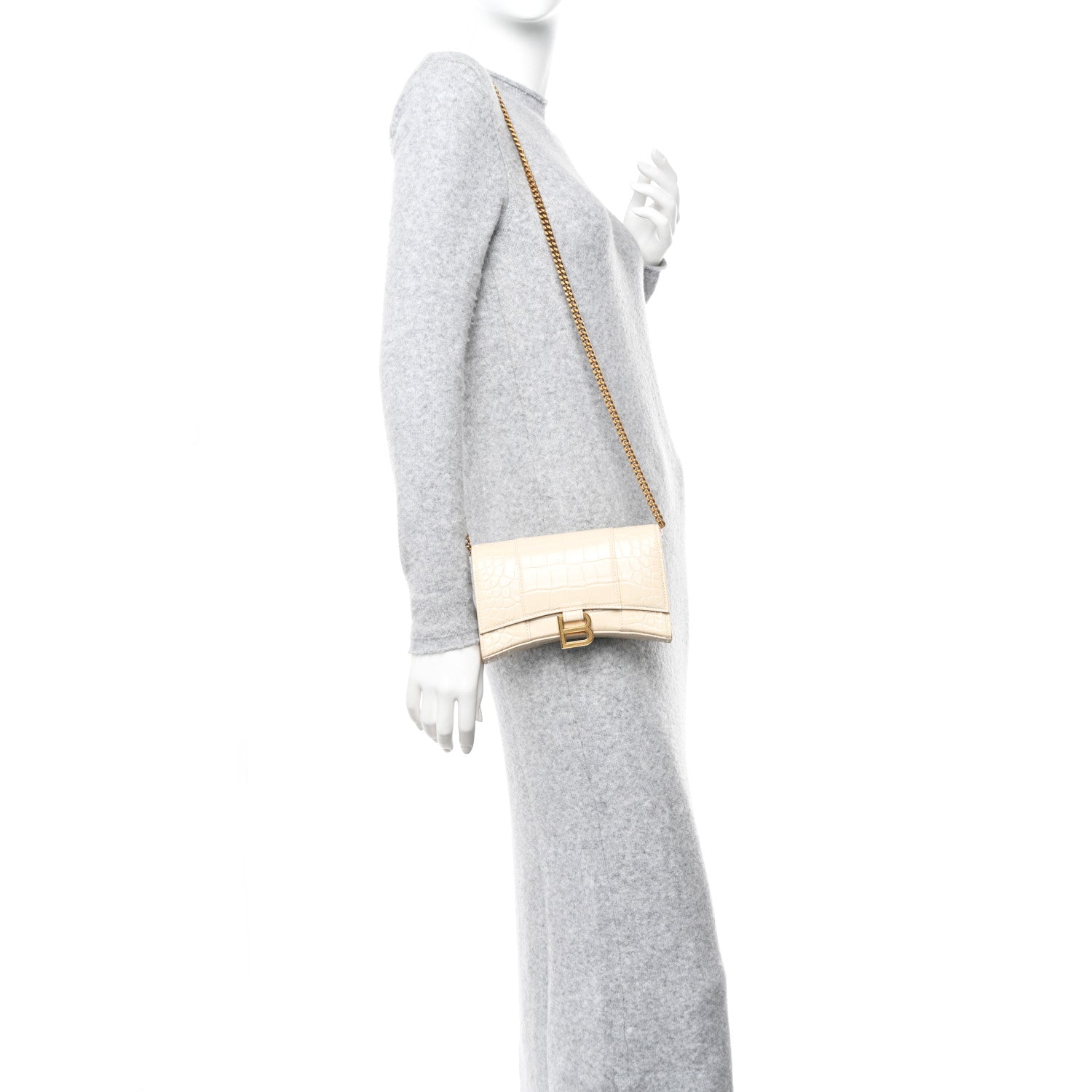 Balenciaga Shiny Calfskin Crocodile Embossed Hourglass Chain Bag Cream 2 of 11