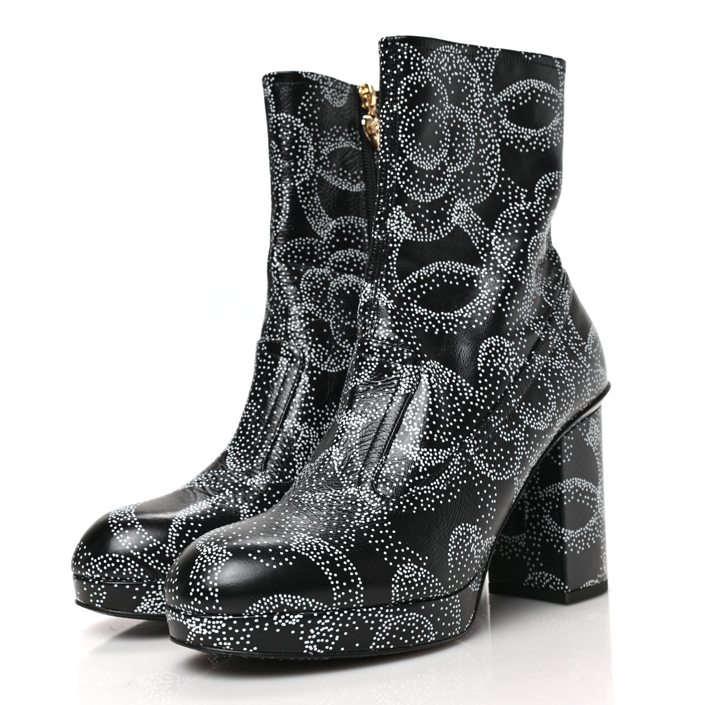 Calfskin Camellia Printed Ankle Boots 38.5 Black White