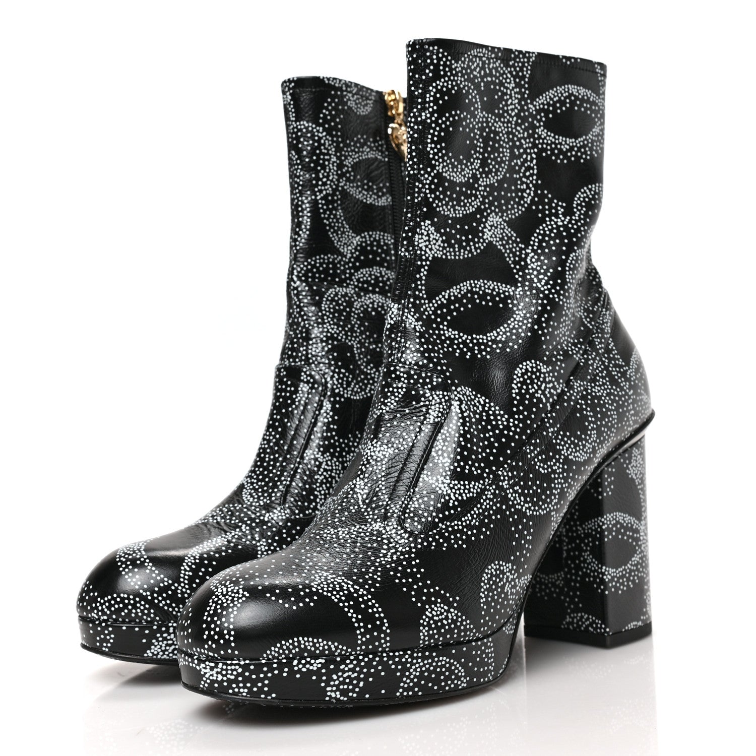 Chanel Calfskin Camellia Printed Ankle Boots 38.5 Black White 3 of 7
