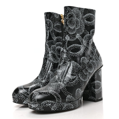 Chanel Calfskin Camellia Printed Ankle Boots 38.5 Black White 3 of 7