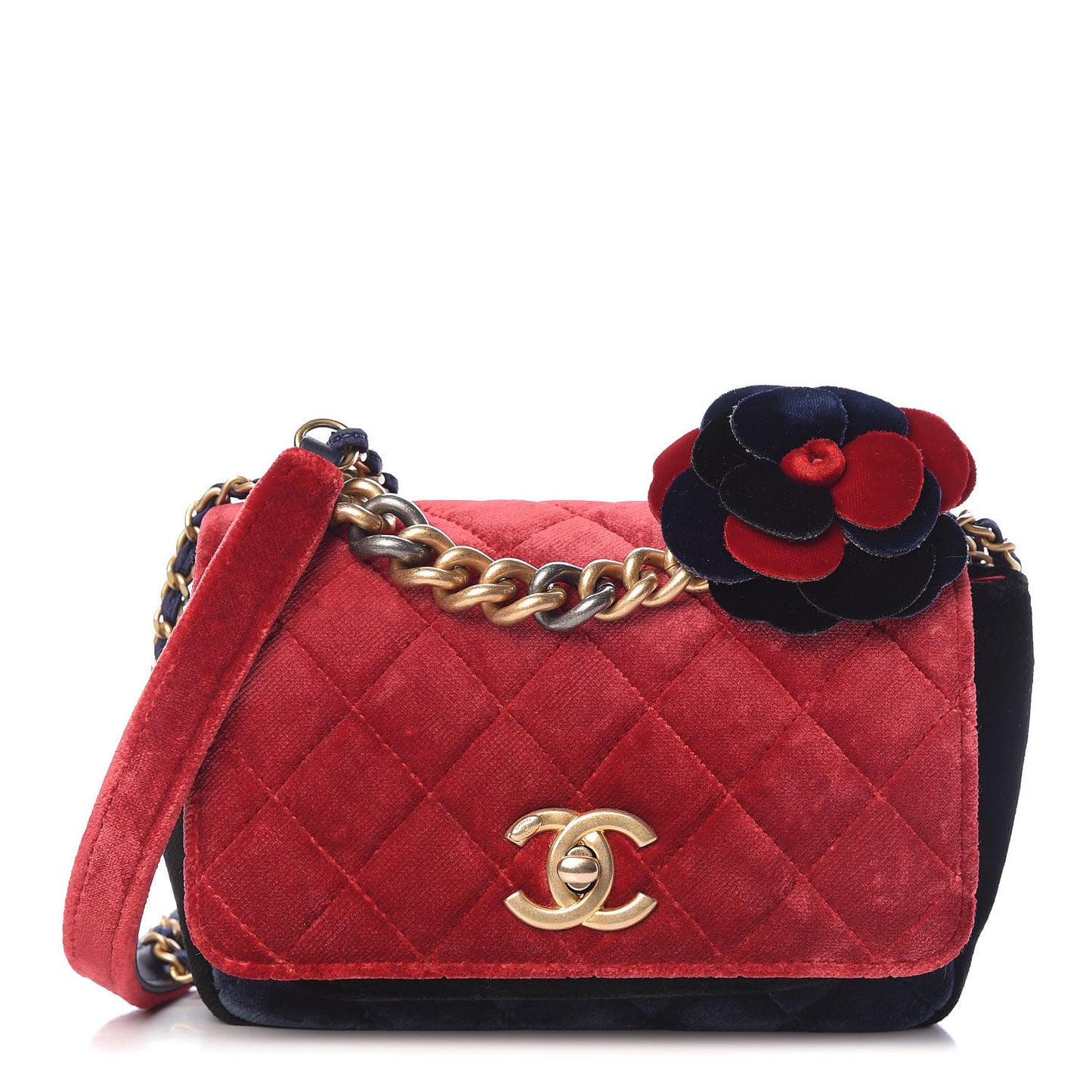 Velvet Quilted Small Camellia Flap Black Red Blue