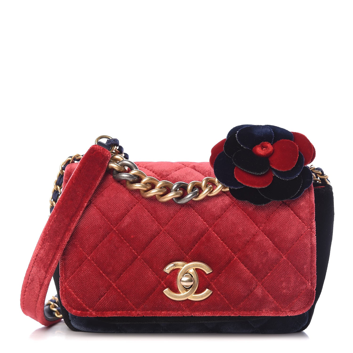 Chanel Velvet Quilted Small Camellia Flap Black Red Blue 1 of 11