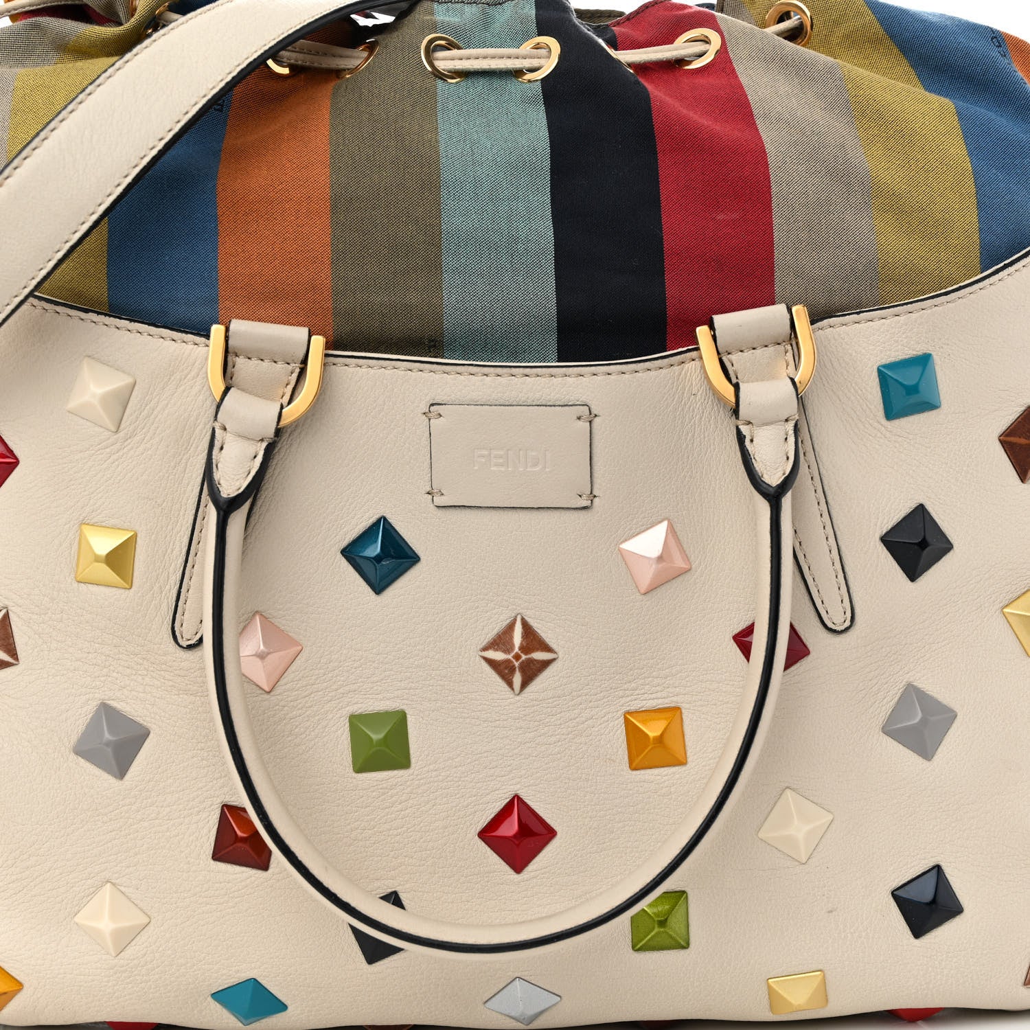 Fendi Calfskin Studded Medium B Fab Drawstring Tote Milk Multicolor 8 of 11