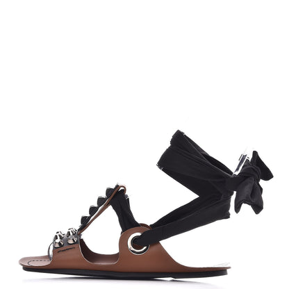 Prada Calfskin Studded Lace Up Sandals 37.5 Brown 1 of 12