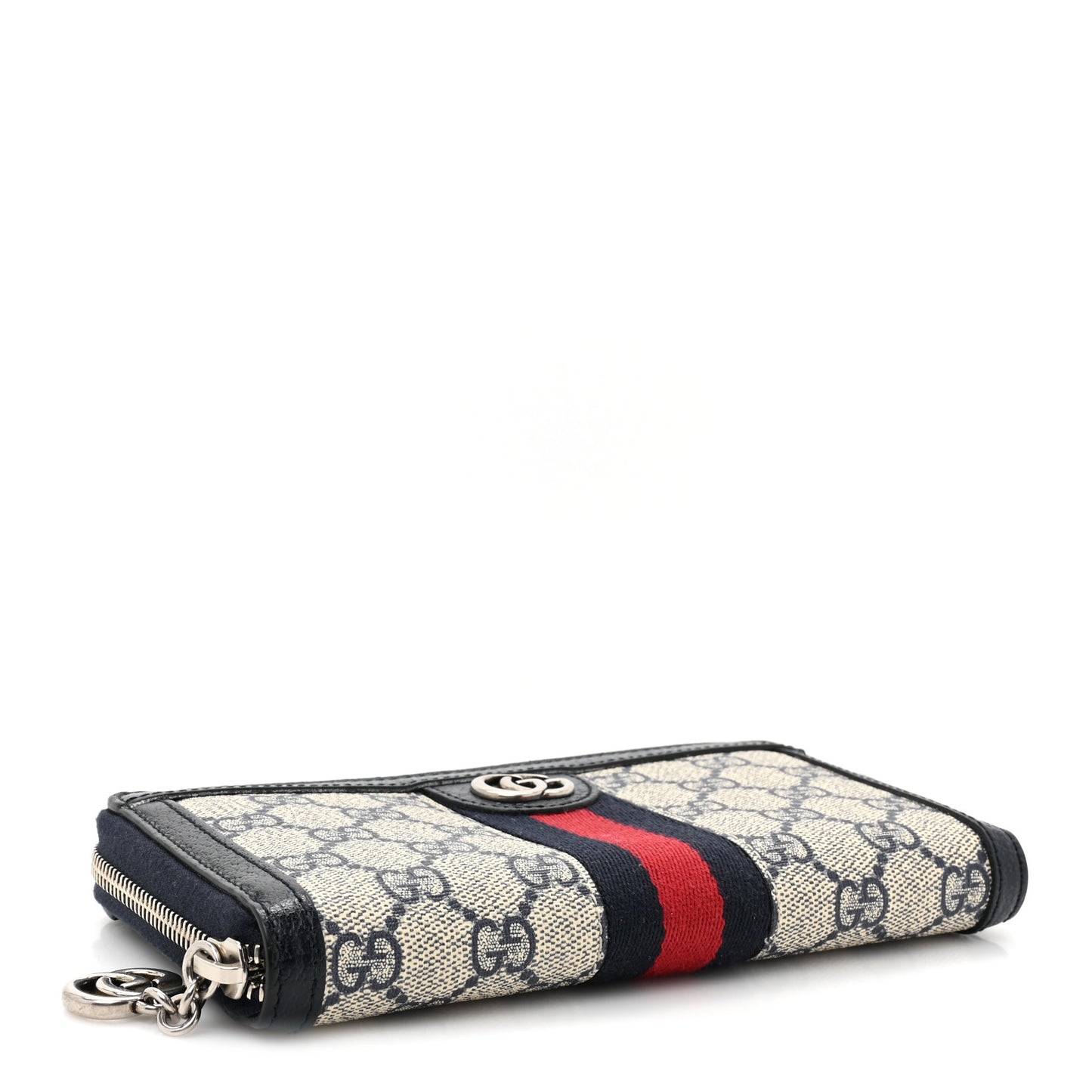 GG Supreme Monogram Textured Dollar Calfskin Web Ophidia Zip Around Wallet Beige Blue