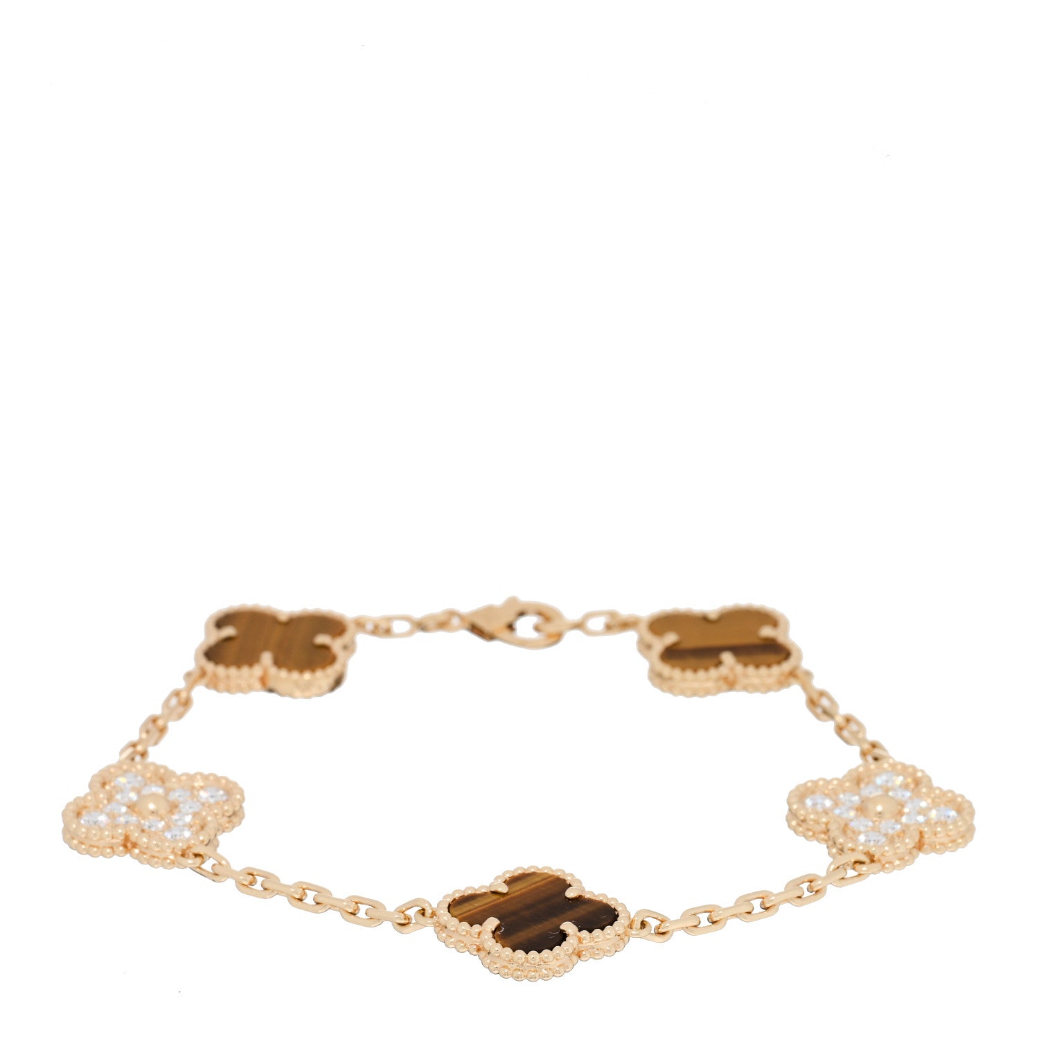 Van Cleef & Arpels 18K Yellow Gold Diamond Tiger Eye 5 Motifs Vintage Alhambra Bracelet 1 of 4