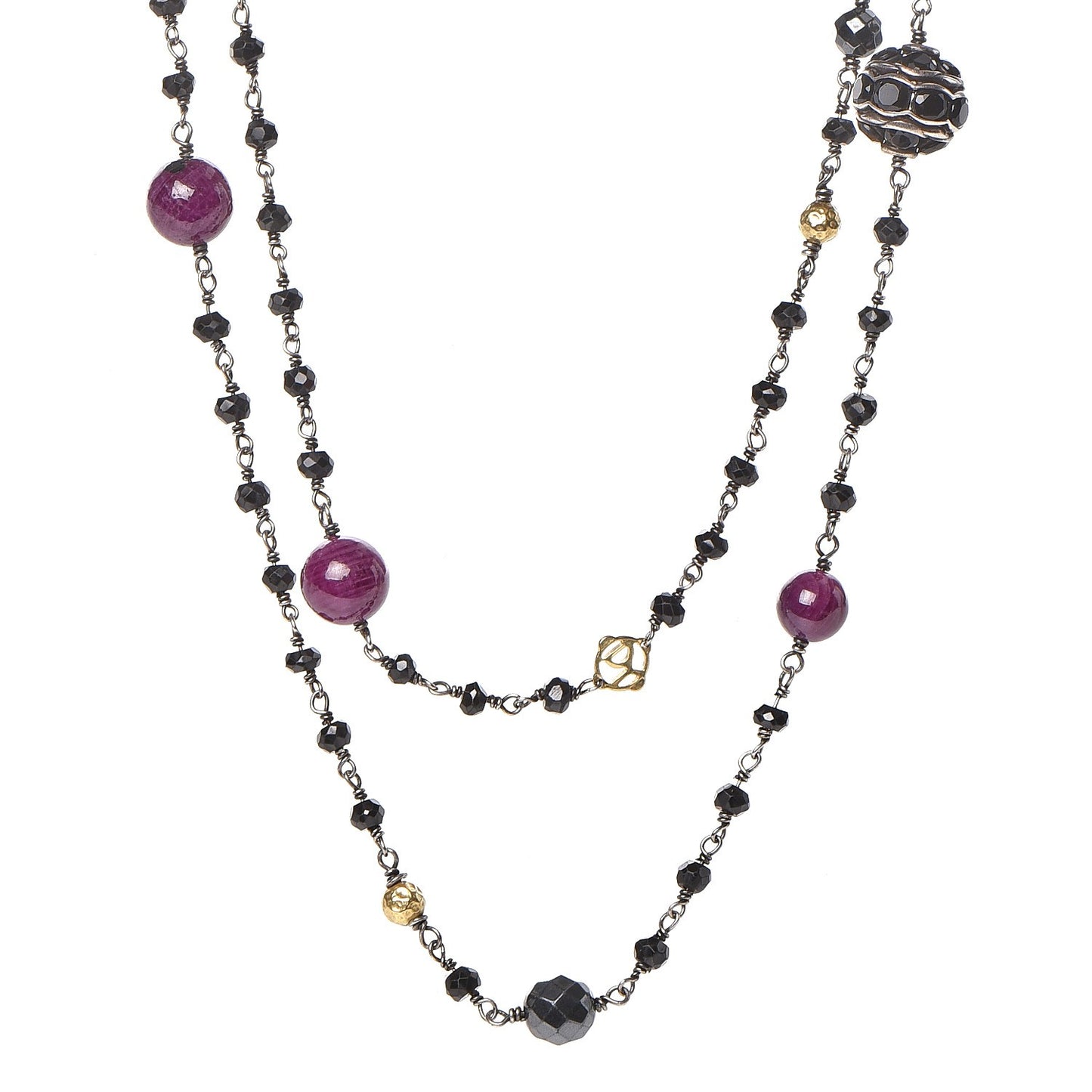 Sterling Silver 18K Yellow Gold Hematine Black Onyx Rubelite Bijoux Necklace