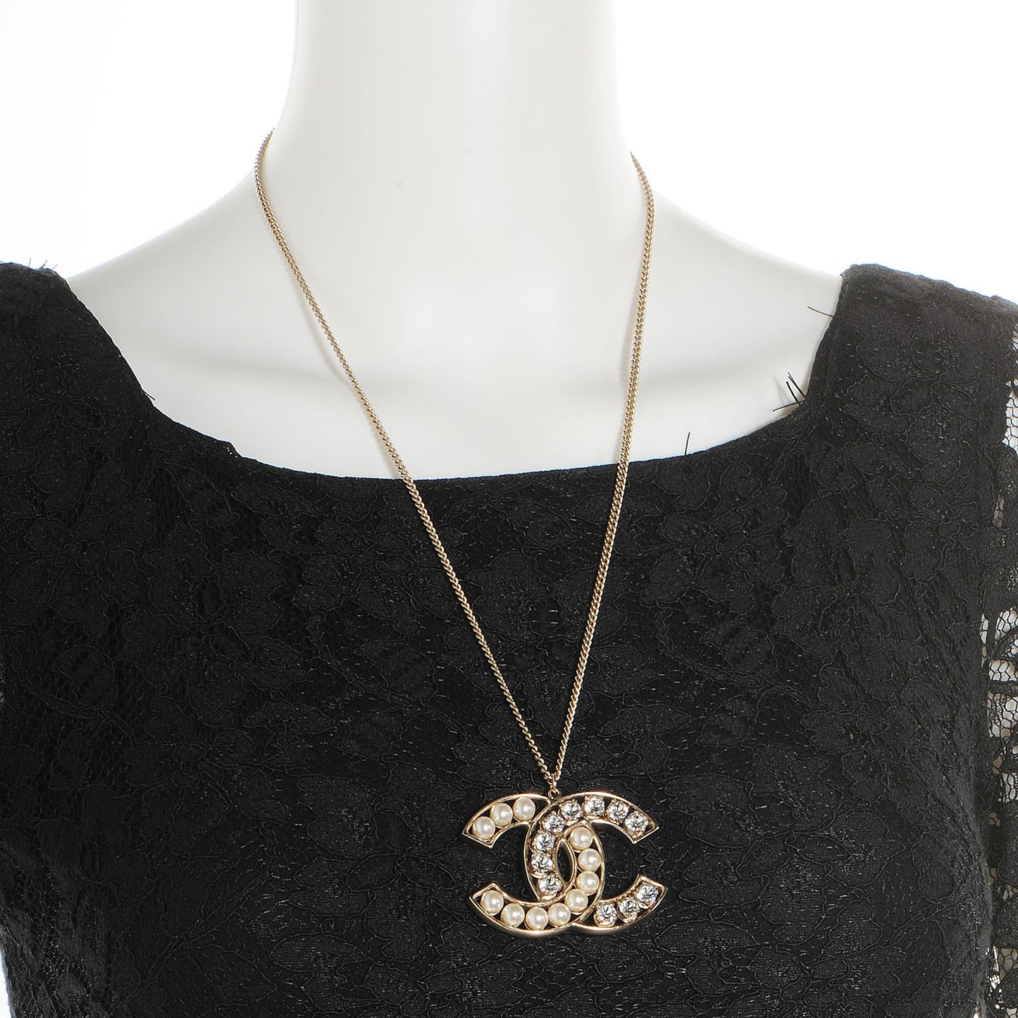 Crystal Pearl CC Pendant Necklace Gold