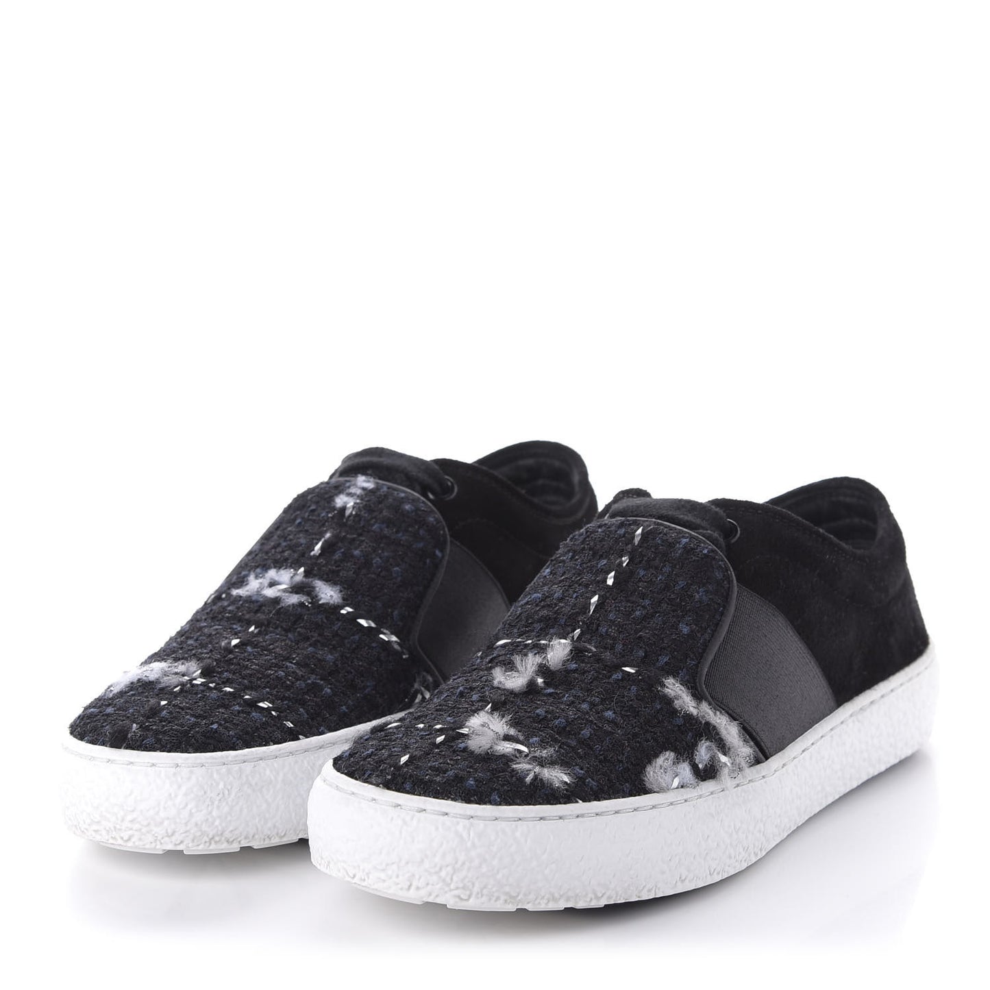 Suede Calfskin Tweed Womens Slip On Sneakers 36 Black Navy Silver