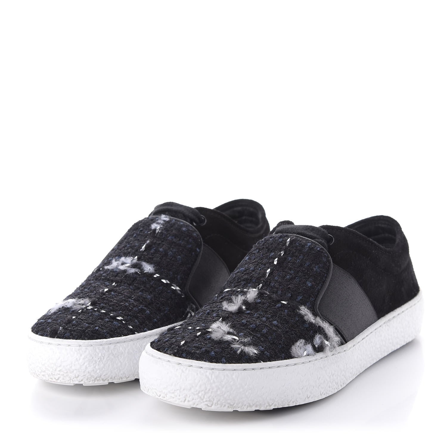 Chanel Suede Calfskin Tweed Womens Slip On Sneakers 36 Black Navy Silver 3 of 9