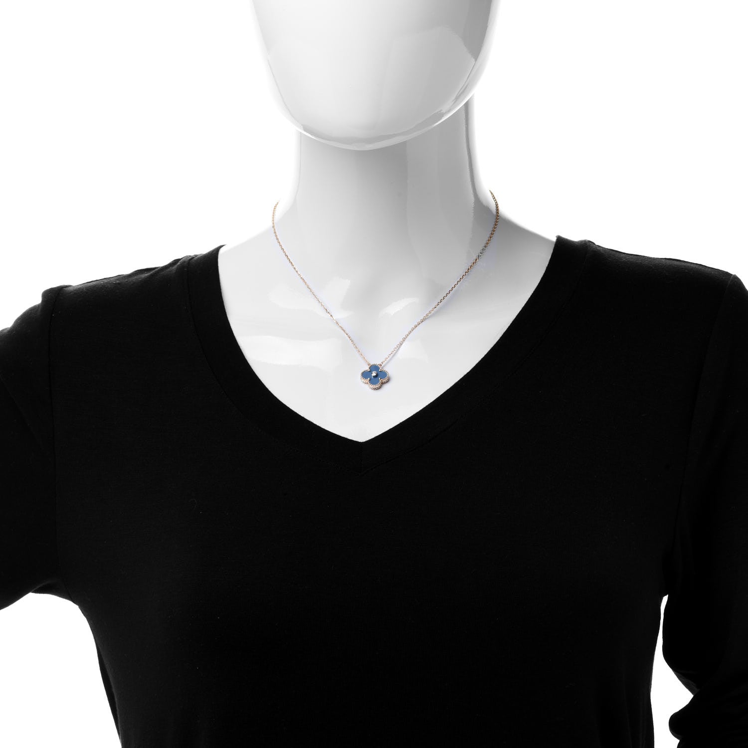 Van Cleef & Arpels 18K Yellow Gold Diamond Celestial Blue Sevres Porcelain Vintage Alhambra Pendant Necklace 2 of 6