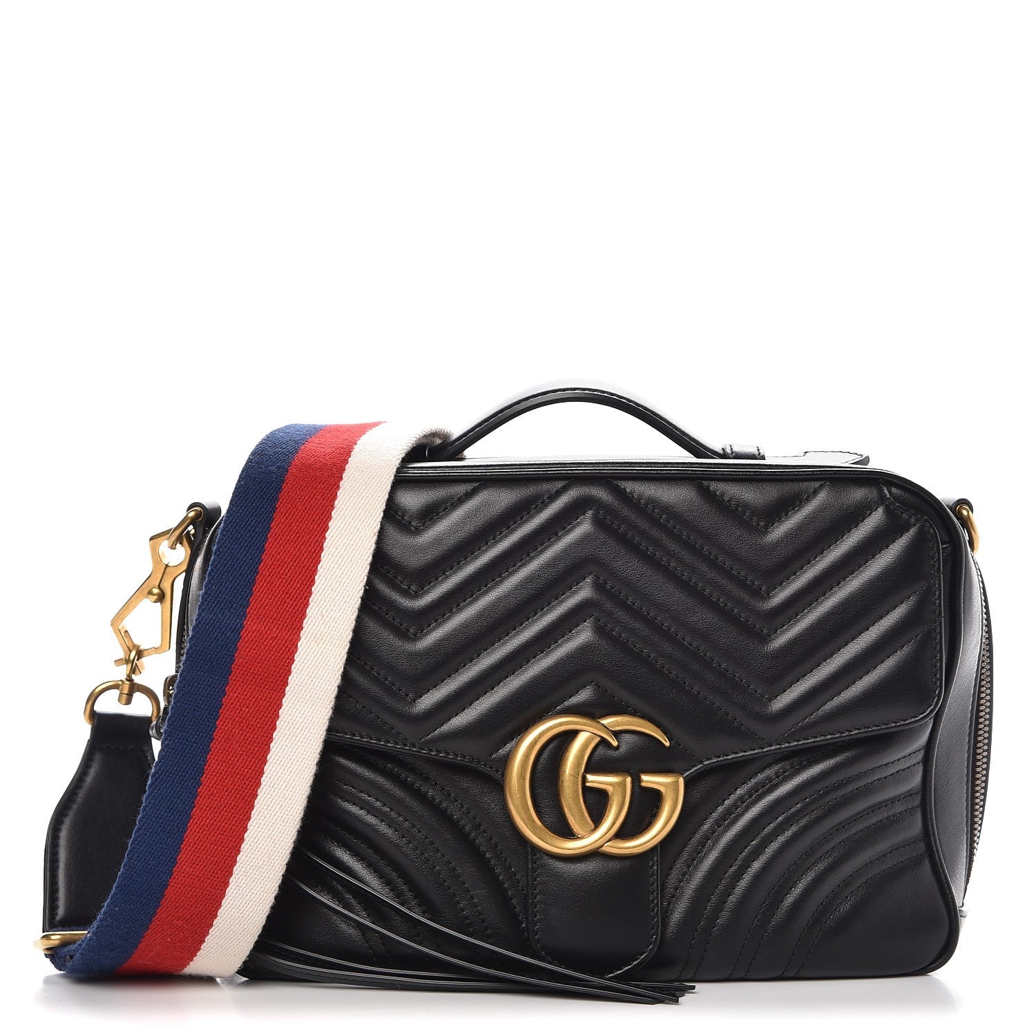 Gucci Calfskin Matelasse Sylvie Web Small GG Marmont Top Handle Shoulder Bag Black 1 of 9
