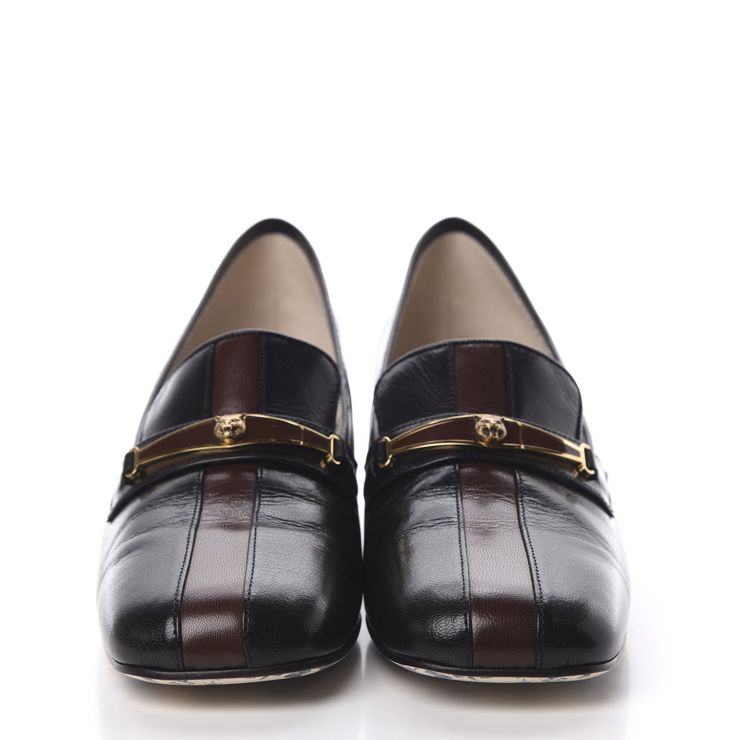 Gucci Goatskin Feline Ginger Loafer Pumps 40.5 Black Light Brown 2 of 8