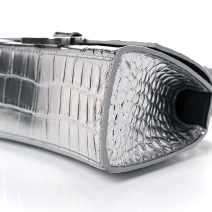 Balenciaga Metallic Calfskin Crocodile Embossed Hourglass Top Handle Bag XS Silver 8 of 15