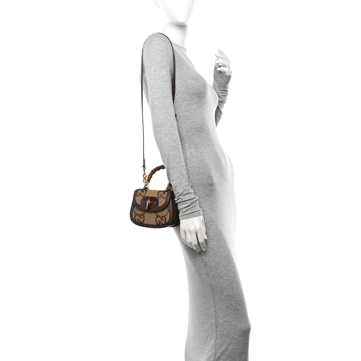 Gucci Monogram Jumbo GG Textured Dollar Calfskin Web Mini Bamboo 1947 Top Handle Bag Camel Ebony New Acero 2 of 15