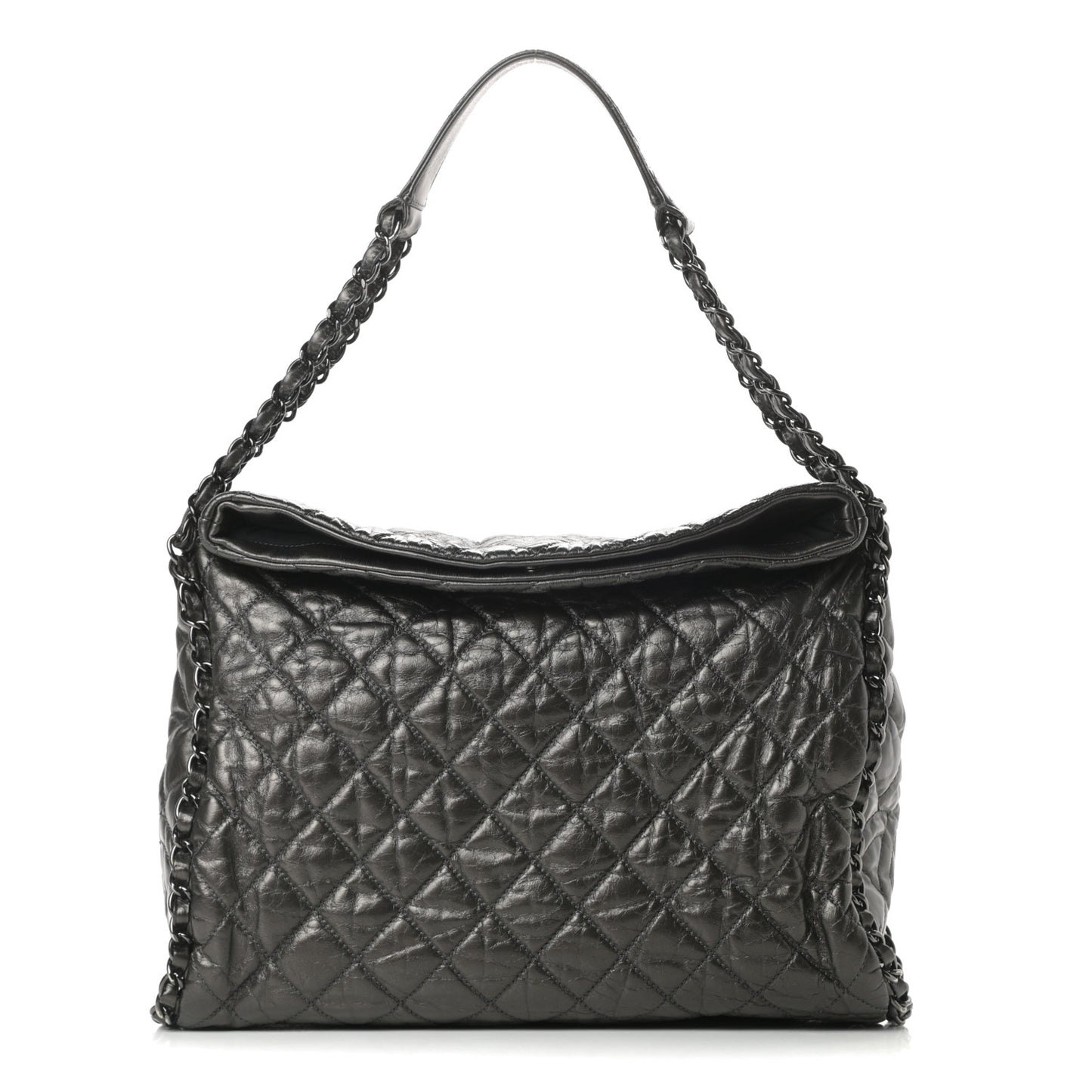 Metallic Calfskin Quilted Large Chain Me Hobo Dark Grey