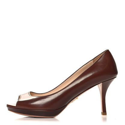 Prada Nappa Peep Toe Mid Heel Pumps 38.5 Bruciato 1 of 8