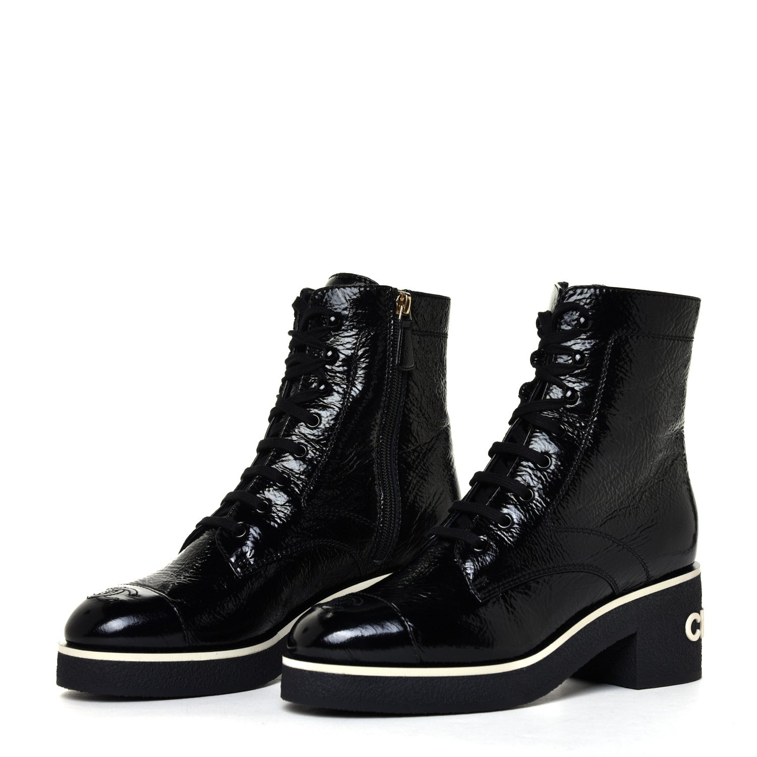 Chanel Shiny Crumpled Lambskin Lace Up Combat Boots 38.5 Black 3 of 12